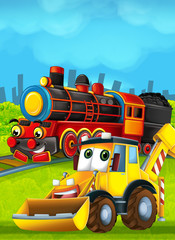 Cartoon funny looking train on the train station near the city and excavator digger car driving and plane flying - illustration