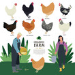 Set of eight breeds of domestic chicken Flat vector illustration of two farmers working on a farm Poultry farming