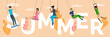 Summer word banner template. People swinging on rope swings flat illustration.