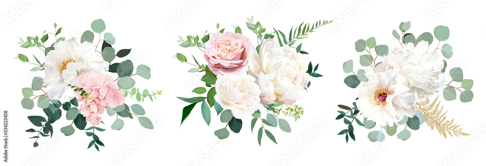 Blush pink rose and sage greenery, ivory peony, hydrangea, ranunculus flowers - obrazy, fototapety, plakaty 