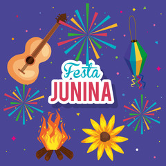 Canvas Print - festa junina poster with guitar and icons traditional vector illustration design