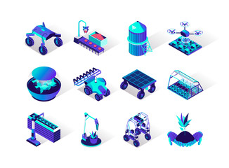 Poster - Agriculture robotisation isometric icons set. Growing seedling, hydroponic, spray chemical and harvesting automation. Smart robotic farmers in agriculture, futuristic technology 3d vector isometry.
