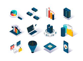 Leinwandbilder - Big data isometric icons set. Data collection, storage in cloud database and analysis. Computer technology and scientific methods and algorithms. Data analysis and interpretation 3d vector isometry.