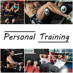 Canvas Print - Collage of people in modern gym and text Personal Training