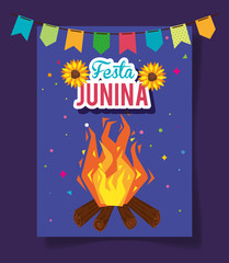 Wall Mural - festa junina poster with bonfire and garland hanging vector illustration design