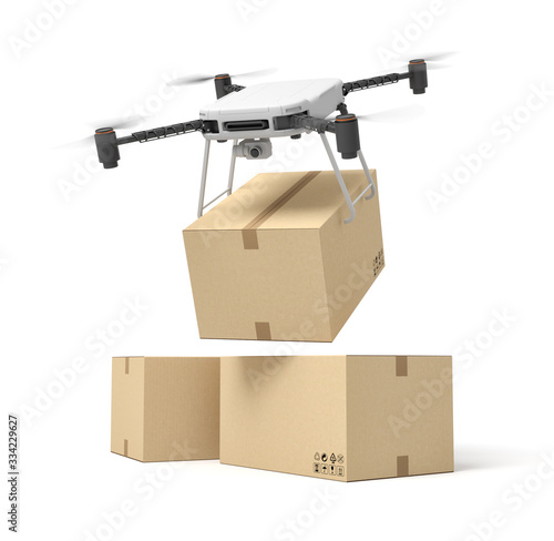 Fotografía 3d rendering of camera drone delivering cardboard box on top of two other boxes isolated on white background