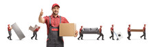 Worker Holding A Box And Movers Carrying Home Appliences And Furniture