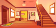 © klyaksun - Rustic house hallway entrance interior with wooden stairs and furniture. Western style apartment with door, hanger, carpet, cowboy hat on table and cactus picture on wall. Cartoon vector illustration.