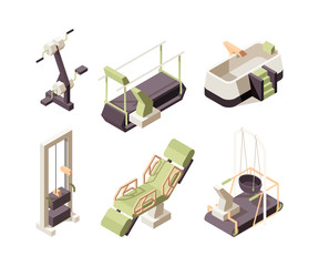 Canvas Print - Rehabilitation center. Training equipment for disabled people medical healthy clinic assistant exercise people professional treatment vector isometric. Illustration rehabilitation, medical therapy