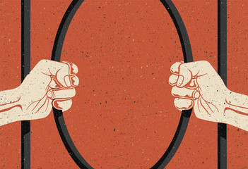 Two arms are breaking prisons bars. Freedom concept. Vintage styled vector illustration.