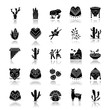 Peru drop shadow black glyph icons set. Andean country sights, traditions, cuisine, agriculture, animals. Siku, cherimoya, jaguar, incas, marinera. Isolated vector illustrations on white space