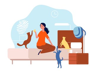 Poster - Cats with woman. Young girl with pets in bedroom. Home animals, kittens and female vector illustration. Cat in bedroom, character with kitten