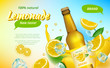Lemone ads. Yellow flowing juice splashes and half of healthy fruits drinks advertising vector poster. Fruit lemon drink, fresh citrus lemonade, banner and poster illustration