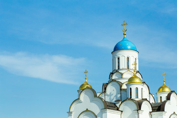 Orthodox church in Russia against the blue sky. Russian Christianity and Orthodoxy in architecture and culture