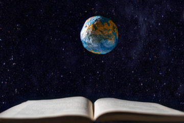 an open book, a levitating model of the planet earth levitates above it, against the background of o