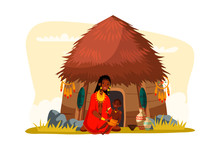 African Tribal Woman Sitting With Child Near Hut