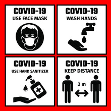 4 Signs With The Safety Rules For The Prevention Of Coronavirus. Use Face Mask. Wash Hands. Keep Distance. Use Hand Sanitizer.