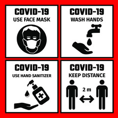 4 signs with the safety rules for the prevention of coronavirus. Use face mask. Wash hands. Keep distance. Use hand sanitizer.