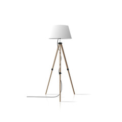 Decorative floor lamp tripod. Original model with a white silk lampshade and wooden legs. For living room, bedroom, study and office. Vector illustration on a white background.