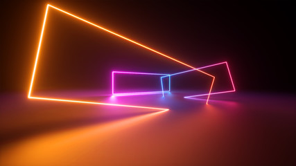 Wall Mural - 3d render, abstract colorful neon background. Stage laser show illumination. Rectangular geometric shapes, square frames, virtual reality. Glowing neon lines. Modern design