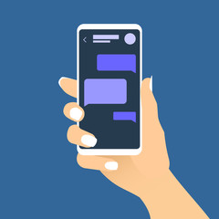 Female hand holding smartphone with chat messages. Text bubbles on phone screen. Online messaging mobile application concept. Woman using phone for communication conversation. Vector EPS8 illustration