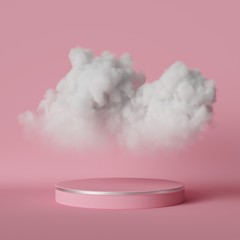 Wall Mural - 3d render, digital illustration. White cumulus or cloud floating above the round podium, empty stage, cylinder pedestal. Objects isolated inside pink room, modern fashion concept. Dream metaphor