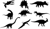 Fototapeta Dinusie - Image of silhouettes in different representatives of the Jurassic period. Dinosaurs 
