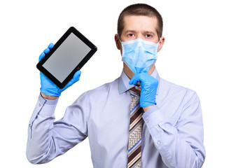 Wall Mural - Man wearing medical mask, shirt, tie, rubber gloves, holding tablet computer, isolated