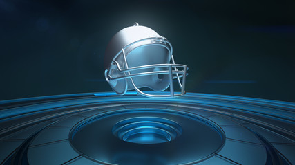 Wall Mural - silver rugby helmet with protection for teeth being in air above round-shaped platform