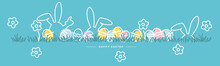 Easter Line Design White Bunny Flowers Colorful Eggs In Grass Easter Egg Hunt Sea Green Greeting Card