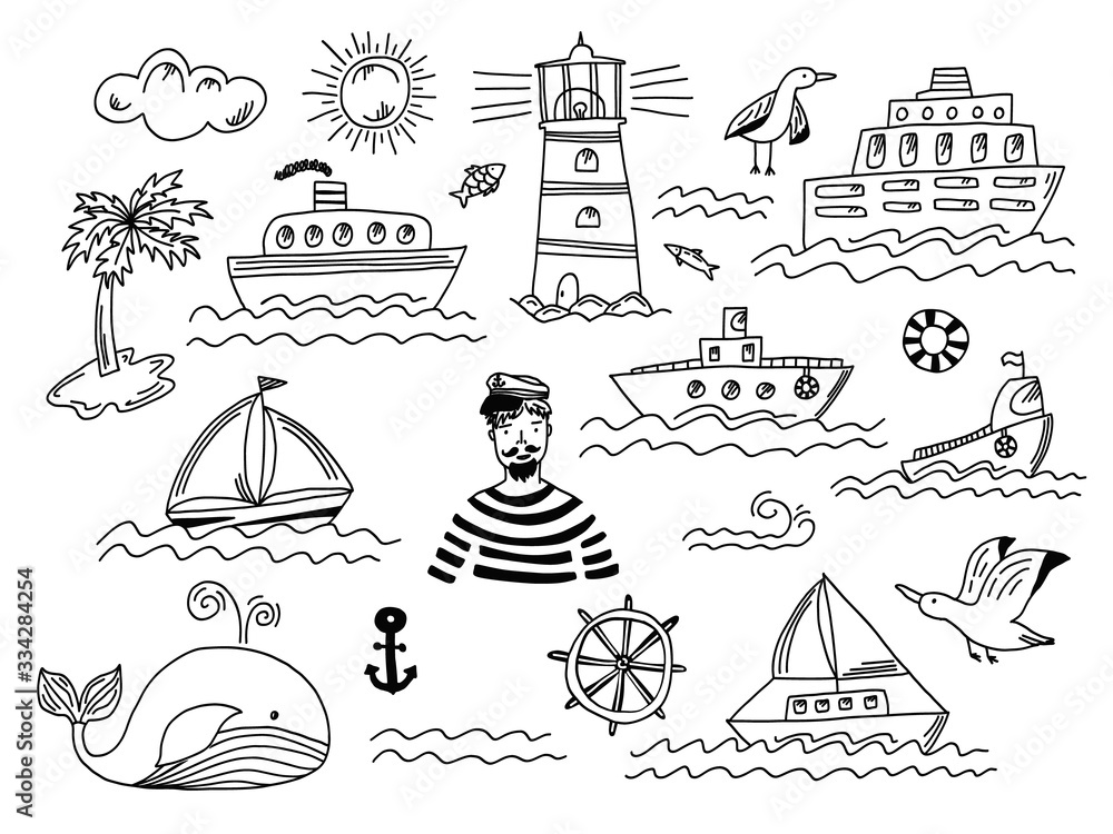 Collection of isolated black outline doodle marine transport with waves, lighthouse, seagull, whale and sailor man. Set of cute hand drawn sea objects for emblem design, coloring books and apps, logo - obrazy, fototapety, plakaty 