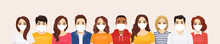 Group Of People Wearing Protective Medical Mask As Protection Against Transmissible Infectious Diseases, Flu And Air Pollution Vector Illustration