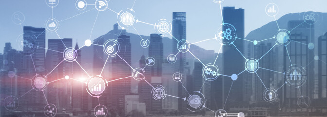 Wall Mural - business organizational structure innovation automation technology panoramic website header backgrou