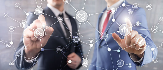 Wall Mural - business process structure industrial workflow diagram automation innovation concept on virtual scre