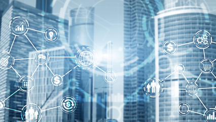 Wall Mural - industry business virtual diagram on city background.