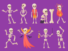Funny Cartoon Skeleton. Vector Bony Character. Human Bones Illustration Skeletal. Set Of Dead People Dancing, Standing, Listen Music On Color Background