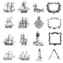 Set Of Decorative Elements For The Design Of An Old Geographical Map. Ancient Caravel, Sea Monsters, Lighthouse, Compass-meter, Wind Rose, Framework For Inscriptions, Cartouche.
