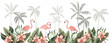 Tropical border with flamingo birds. Palm tree silhouettes, green leaves, pink orchid flowers, white background.   Vector illustration. Floral arrangement. Banner design. Paradise nature