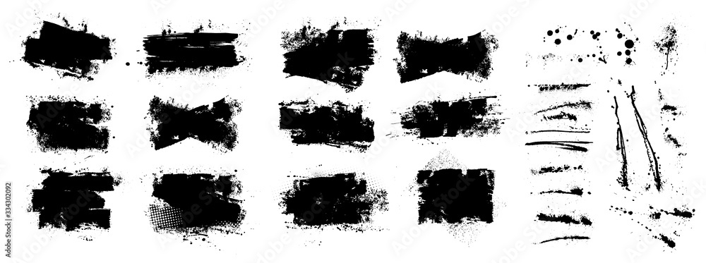 Vector ink splashes stencil. Very detailed collection mockups brush strokes for text and design. Black inked splatter dirt stain splattered spray splash with drops blots. Vector isolated set boxes - obrazy, fototapety, plakaty 