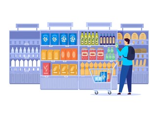 People in grocery store, line at cash desk, supermarket customers, vector illustration. Men and women buying groceries in shop. Customers cartoon characters, scene from grocery store or supermarket