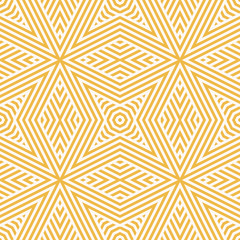 Vector geometric lines seamless pattern. Modern yellow linear background. Abstract summer ornament texture with stripes, rhombuses, star shapes, diagonal lines. Repeat design for decor, print, fabric