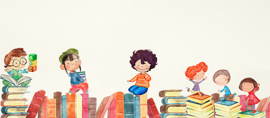 Wall Mural - Books and children. Watercolor school banner.