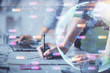 © peshkova - Double exposure of woman hands working on computer and world map hologram drawing. International technology business concept.