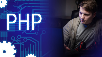 Creating dynamic websites. PHP scripting language. A man develops a web application based on the PHP language. Hypertext Preprocessor. A programming language for developing web applications.