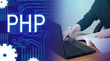 The girl is engaged in creating dynamic websites in PHP. PHP scripting language. Hypertext Preprocessor. A programming language for developing web applications. Interpreted programming language.