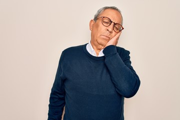 Sticker - Senior handsome grey-haired man wearing sweater and glasses over isolated white background thinking looking tired and bored with depression problems with crossed arms.