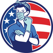 Mascot Icon Illustration Of American Rosie The Riveter As Medical Healthcare Essential Worker Wearing A Surgical Mask And Saying We Can Do It With USA Stars And Stripes Flag Set In Circle Retro Style.