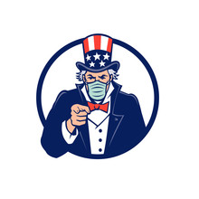 Mascot Icon Illustration Of American Uncle Sam, National Personification Of The U.S. Government, Wearing A Surgical Mask, Pointing At The Viewer Set In Circle On Isolated Background In Retro Style.