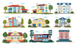 Modern house vector illustrations. Cartoon flat home apartment, facade exterior of residential building with garage, green trees. Modern cottage in town, family villa house set icons isolated on white