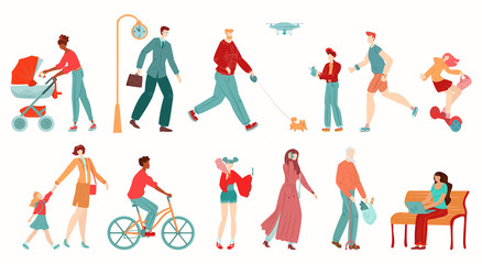 People in city, pedestrians isolated on white background cartoon vector illustration. Men and women in urban lifestyle, eldery people, mother with pram, parents and children, businessman citizens.